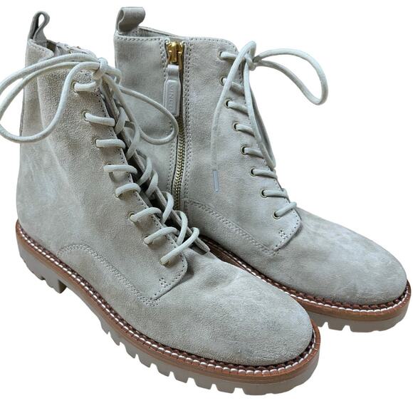 Vince NWOB Cabria Lug Water Repellent Lace Up Suede Boots Size 7 Side Zip Cream - Picture 1 of 8